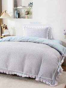 舒适2/3件套花卉蕾丝边纯色格子柔软床上用品组合。套装包含：1件花卉蕾丝被套 + 1/2件花卉蕾丝枕套（不含被芯和枕芯），隐形拉链，4个角带系带。适用于卧室、宿舍、旅行酒店，四季皆宜。 - 淺藍色 - 查看 26