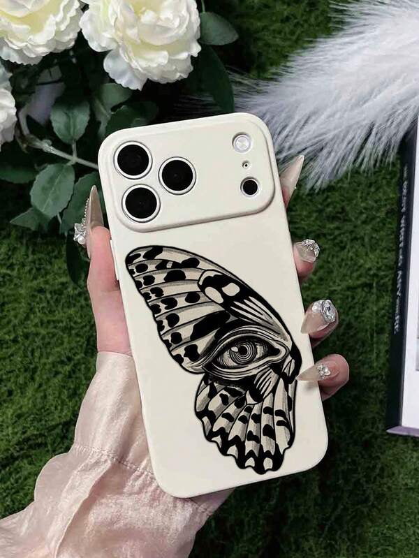 1pc Matte Beige TPU Shockproof Colorful Demon Eye & Butterfly Pattern Phone Case For IPhone 15 Pro Max/16 Pro Max/17 Pro Max
