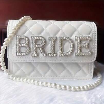 1pc Women's Bridal Shoulder Bag - Elegant Pearl & Rhinestone Design, White Polyester Material With Buckle Closure - Wedding Party, Bride, Wedding, Bachelorette Party, Bachelorette Party Supplies, Bridal Shower, Wedding Decor, Wedding Accessories, Bridal Party, Party Supplies, Bridesmaid Gift, Wedding Favor, Honeymoon, Hand Wash Or Dry Clean, Fits INS Style Outfit