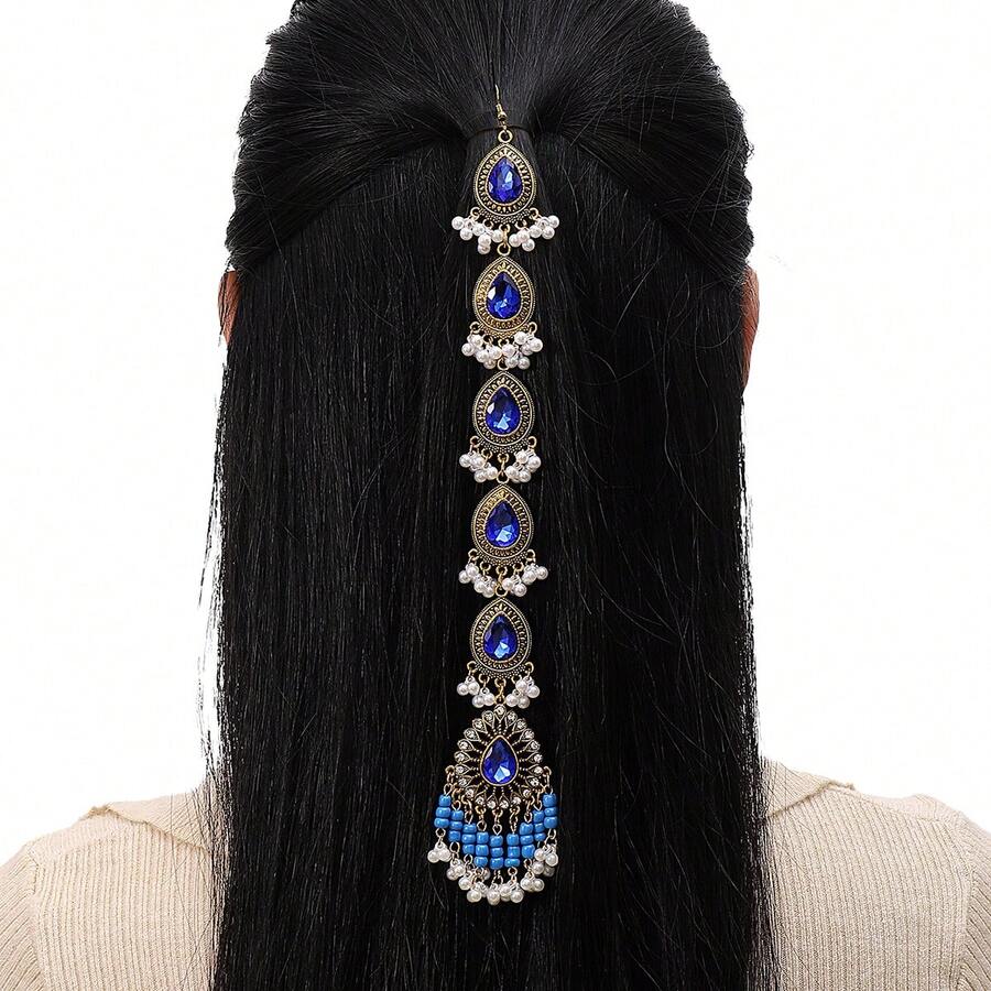 1pc Bohemian Style Geometric Water Drop Shaped Crystal Beaded Tassel Metal Fashion Hair Chain, Suitable For Holiday, Party, Outfit, Women Gift, Headpiece, Head Jewelry - Beaded Hair Chain - View 1