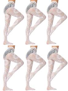 CLAGAINER 6pcs/3pcs/1pc 2024 New Fashion Girls' Fishing Net Stockings, Sexy Tattoo Lace Stockings, Jacquard Lace Cutout Pantyhose - White - View 9