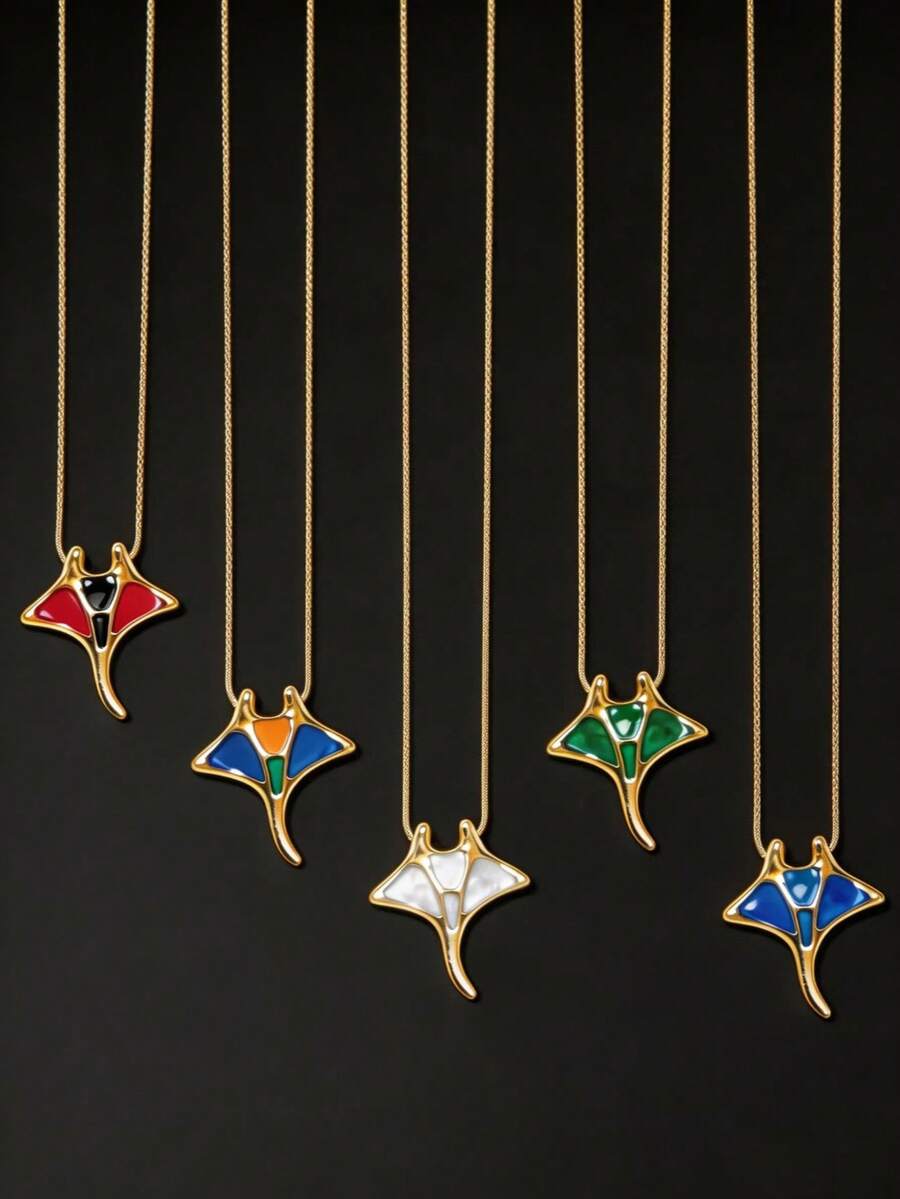 1pc 18K Gold Plated Stainless Steel Enamel Colorful Manta Ray & Devil Fish Pendant Necklace, Beach Vacation Style, Fashion Curb Chain Choker - Stingray - View 1
