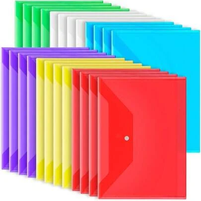 12 & 24pcs A4 Colored Button File Folders, Plastic Envelopes With Snap Closure, Assorted Colors, Transparent Envelope Document Folders, Reusable File Bags