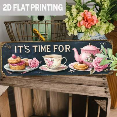 2D打印木质[1件]“下午茶时光”复古木质标牌，粉色花卉图案 - 壁挂式装饰板，适用于厨房、餐厅、咖啡店、茶室或咖啡厅，咖啡店墙面装饰 | 优雅装饰 | 优雅字体，茶室装饰