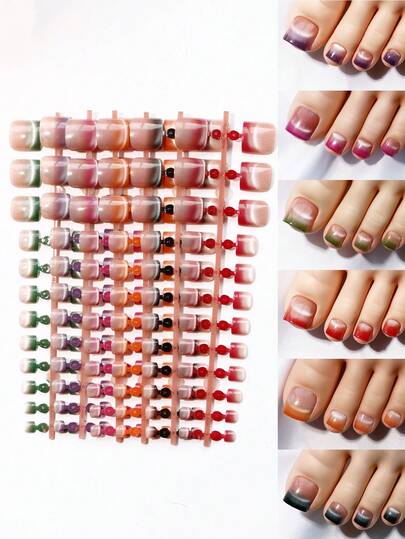 6色/包 短款方形猫眼假指甲套装，适合夏季女性佩戴