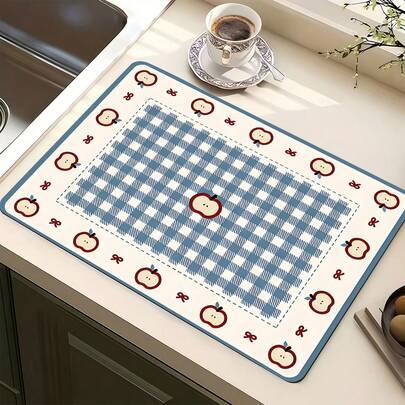 1 miếng lót ly nhà bếp họa tiết kẻ caro xanh dương hình bánh táo, thấm hút tốt, chống trượt, chịu nhiệt, dùng trang trí quầy cà phê, bàn ăn gia đình.