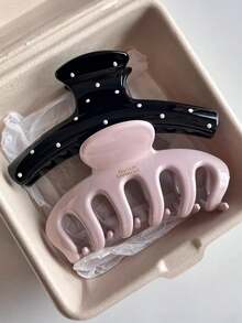 2件套女士黑色波点一体式爪夹，粉色骨形爪夹组合，时尚百搭优雅简约纯色发夹，适合日常、休闲、派对、海滩、度假、发型设计、洗脸/洗头、化妆、服装配饰，秋冬春夏时尚发夹，情人节连衣裙夏季发饰沙滩发爪度假 - 彩色 - 查看 3