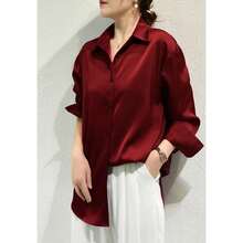 All-Match Satin Finish Shirts And Blouses Women Clothing Casual Top OL Long Sleeve Button Elegant Shirts French Solid Blouses - Đỏ - Xem 3