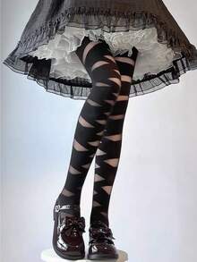 1/2 双日式交叉蕾丝洛丽塔女式长筒袜，黑白底色长筒袜，白色蕾丝层洛丽塔连裤袜，薄款黑色蕾丝版。 - 彩色 - 查看 7
