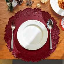 2/4/6pcs 15 Inch Deep Burgundy Thickened Vintage Lace Faux Leather Placemats, 3.94 Inch Coasters, Western Restaurant Hotel Decor Washable Round Heat-Resistant Insulated Mats - Burgundy - View 4