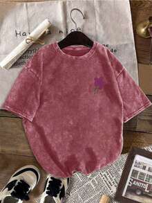 黑色水洗棉大码女式休闲印花T恤，圆领短袖，简约风格，适合日常穿着，复古设计，夏季款 - 紅色 - 查看 3