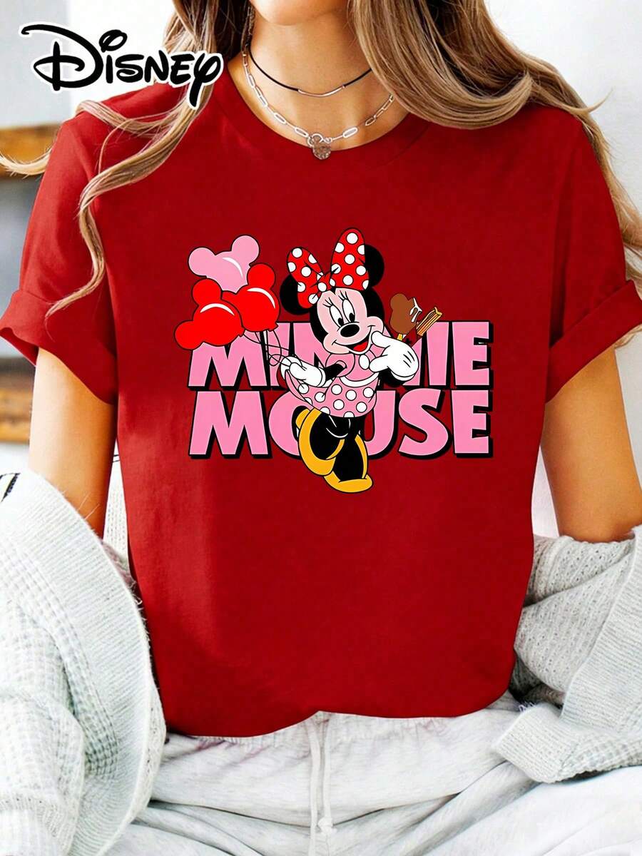 Soft Cotton T-Shirt | Disney "Minnie Balloon Treats" Graphic Tee | Casual Daily WearMade With Soft, Comfortable, And Durable Materials, This Is An Ideal Choice For Spring And Summer. This Crew Neck T-Shirt Is Suitable For Various Occasions, Including Everyday Wear, Shopping, Parties, Travel, And Gatherings, And Also Makes A Thoughtful Gift. - Red - View 1