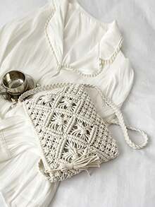 夏季时尚百搭休闲手工编织大容量沙滩草编斜挎包 - 白色 - 查看 6