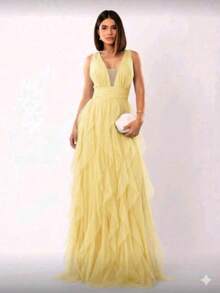 Long Dress For Graduation, Party, Wedding, Guest, Bridesmaid, With Sparkle - Yellow - View 1