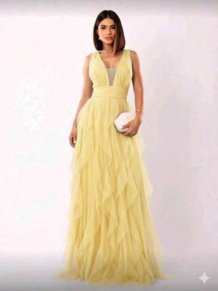 Long Dress For Graduation, Party, Wedding, Guest, Bridesmaid, With Sparkle - Yellow - View 1