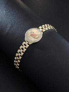 1件铜质圣母玛利亚钻石圆盘表带手链，基督教信仰，男女皆宜，适合日常佩戴、派对、祈祷。 - 金色 - 查看 13