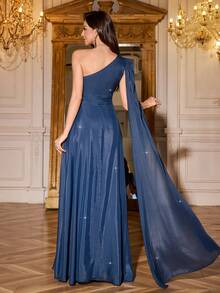 Volly Toych 藏蓝色优雅高贵单肩超长披肩袖闪亮雪纺垂褶长裙，适合特殊场合、晚宴、伴娘礼服 - 藏蓝色 - 查看 2