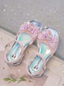 1 Pair Girls' Fashion Rhinestone Butterfly Decor Hook And Loop Design Comfortable Soft Bottom Non-Slip Sandals, Suitable For Girls In Summer - Pink - View 4