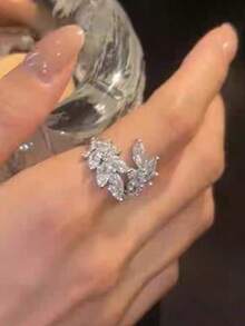 1pc Luxury Sparkling Cubic Zirconia Leaf Design Minimalist Elegant Adjustable Ring For Women - Silver - View 4