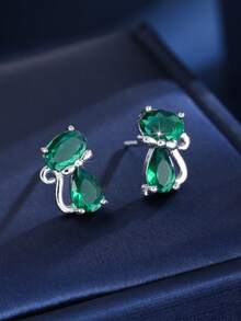 1 Pair Minimalist Double Rhinestone Cute Cat Zirconia Stud Earrings, Suitable For Friends, Dates, Daily Wear - W17874 - View 17