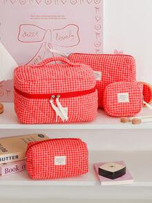 1Pc/Set Red Plaid Gilrs Make Up Bag Travel Toiletry Bag, Large Capacity Cosmetic Bag Pouch Handheld Makeup Bag Portable Toiletry Washing Bag Skincare Bag With Zipper Closure For Cosmetics,Brushes,Skincare,Lip Oil,Hand Cream,Sationery,Coin,Small Items,Make Up Case Makeup Pouch Cosmetic Organizer,Home Decor Livingroom Decor,Travel Essentials,Birthday Gift Wedding Bridesmaid Gift - Redberry Grid - View 6