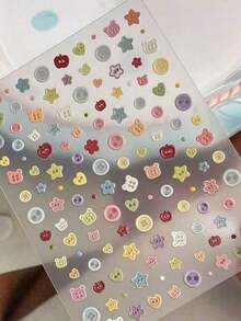 1pc Colorful Button Bow Nail Art Stickers, Ins Style Girly Handmade Decorative DIY Waterproof Self-Adhesive Stickers, Nail Salon Supplies, Cute Dopamine Stickers Nails - 彩色 - 查看 4