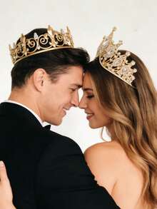 2pcs King And Queen Crown Set, Unisex, Suitable For Wedding, Graduation, Birthday, Valentine's Day Party And Other Occasions - Gold - View 3