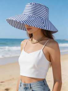 1pc Foldable Striped Bucket Hat, Large Brim Sun Hat For Summer UV Protection, Retro Fashionable Versatile Wide Brim Cap - Striped Hat - View 1
