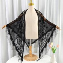 1pc Women's New Lace Fringe Shawl Scarf Lightweight Breathable Solid Color Triangular Scarf Headwraps Dress Accessory Wedding Party Bridesmaid Head Scarf Valentine's Day Valentines - màu đen - Xem 7