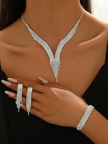 4pcs Women Necklace, Earrings, Bracelet Set, Jewelry Gift For Mother, Party, Bride, Thanksgiving,Summer,Jewellery - Silver - View 2