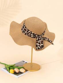 女士时尚豹纹遮阳帽和钩编网眼手提包套装，适合夏季海滩、邮轮、泳池派对、度假和旅行。宽帽檐，轻便，可折叠，透气，防紫外线 - 彩色 - 查看 12