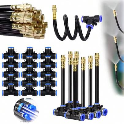 Vòi phun bằng đồng thau có thể uốn cong tự do, đầu nối nhanh kiểu nhấn, đầu nối ba chiều hình chữ T, đầu nối ba chiều khí nén nhanh bằng nhựa 6mm/8mm, tia phun có thể điều chỉnh 360° để tưới tự động cho hệ thống tưới vườn ngoài trời.