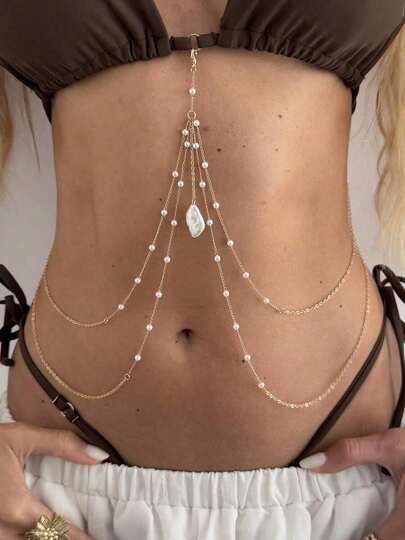 1pc Multi-Layer Baroque Irregular Pearl Pendant Tassel Body Chain, Sexy Bikini Chain, Multifunctional Chest Chain/Body Jewelry, Women Casual Daily Holiday Body Jewelry