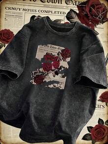 女士做旧水洗印花圆领T恤，夏季黑色 - 黑色 - 查看 1