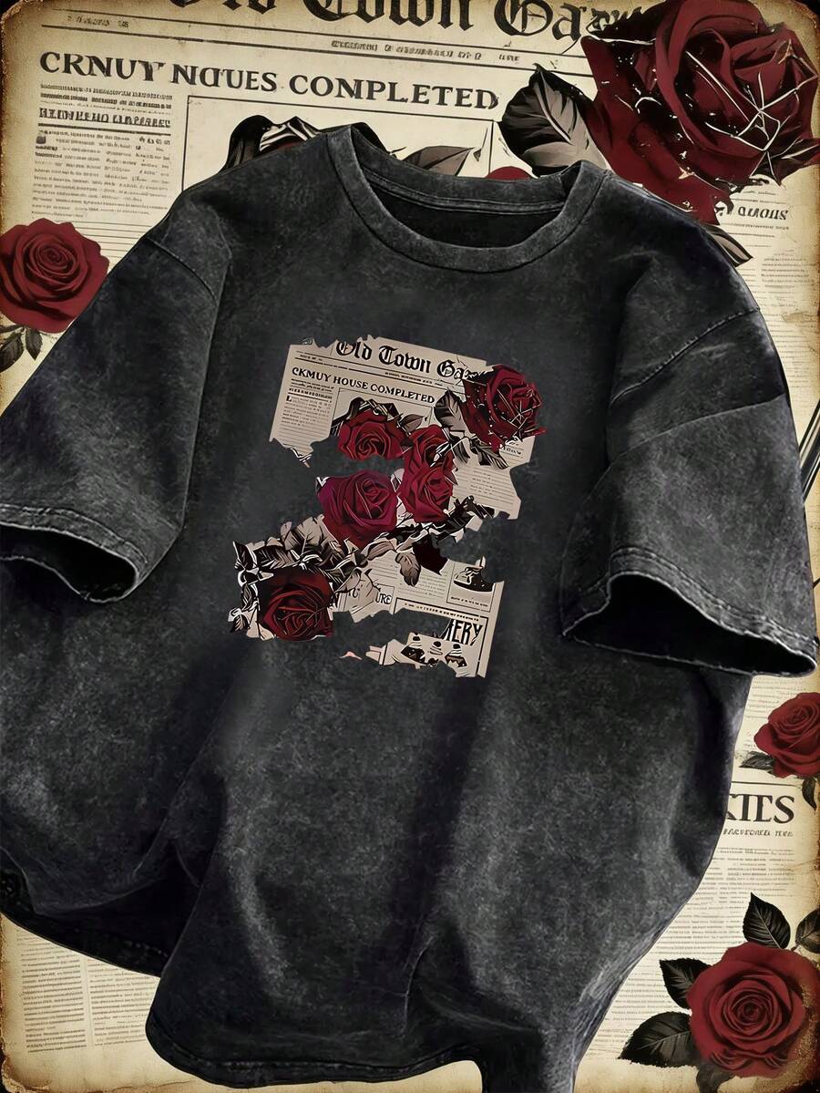 女士做旧水洗印花圆领T恤，夏季黑色 - 黑色 - 查看 1