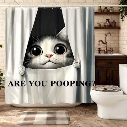 Are You Pooping Cat Shower Curtain Funny Bathroom Decor, Humorous Bathroom Set With Shower Curtain, Waterproof Bathroom Curtain, Cute Cat Themed Bathroom Decor, Bathroom Set Including Shower Curtain, Black White Bathroom Curtain, Whimsical Bathroom Partition Curtain, Novelty Bathroom Decor, Durable Fabric Bath Curtain, Playful Bathroom Set For Home