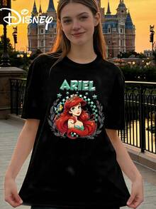 Disney Womens Casual Cotton Ariel Print Short Sleeve Round Neck T Shirt - 黑色 - 查看 1
