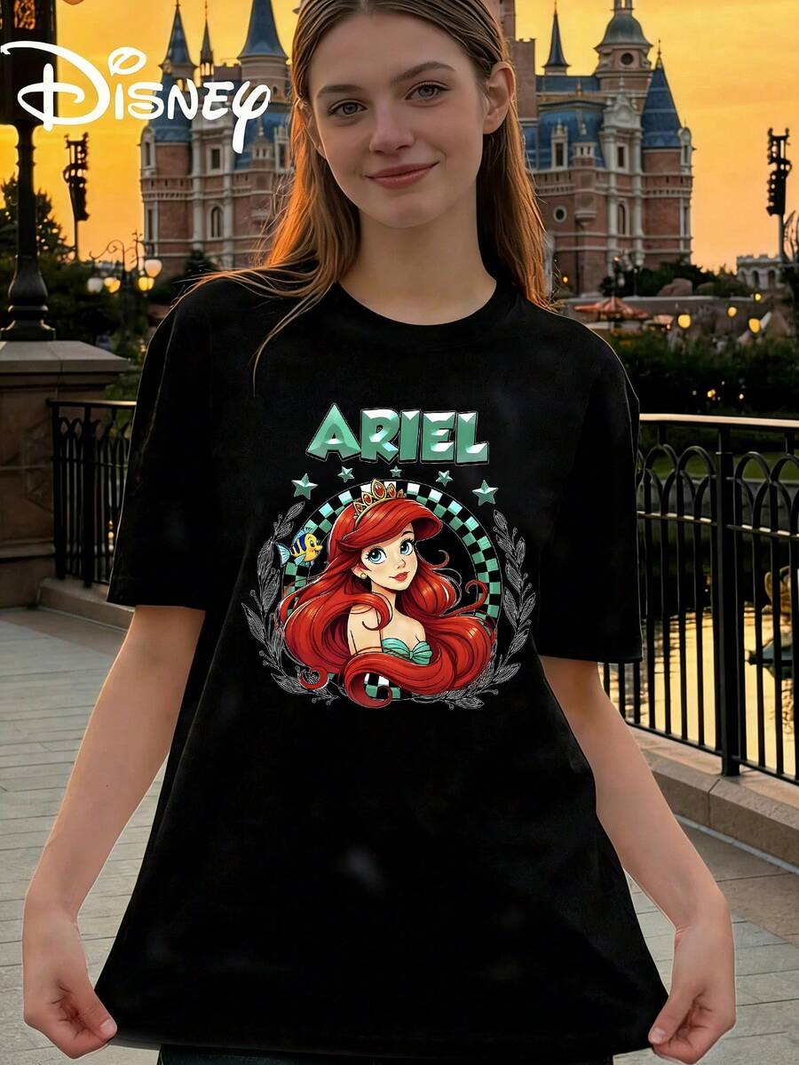 Disney Womens Casual Cotton Ariel Print Short Sleeve Round Neck T Shirt - 黑色 - 查看 1