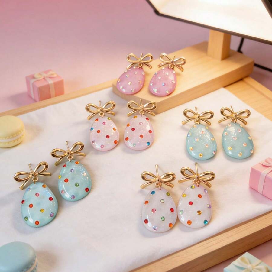 1 Pair Easter Egg Drop Earrings, Cute Bow Tie Colorful Rhinestone Resin Egg Shaped Earrings For Women, Holiday Party Daily Wear Spring Fashion Jewelry Gift