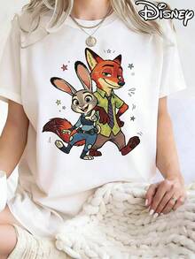 Disney Official Authorization, Women's Casual Cotton Round Neck Short Sleeve Regular Length Zootopia Graphic T-Shirt, Breathable And Light, Suitable For Sports And Leisure Wear, Suitable For Gifts, Suitable For Parties. - 白色 - 查看 1