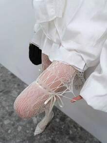 Bow-Tie Design 2sd Island Hollow-Out White Pantyhose For Women, New Autumn Style, Elegant And Mature Fishnet Stockings - L4068深酒紅 - 查看 11