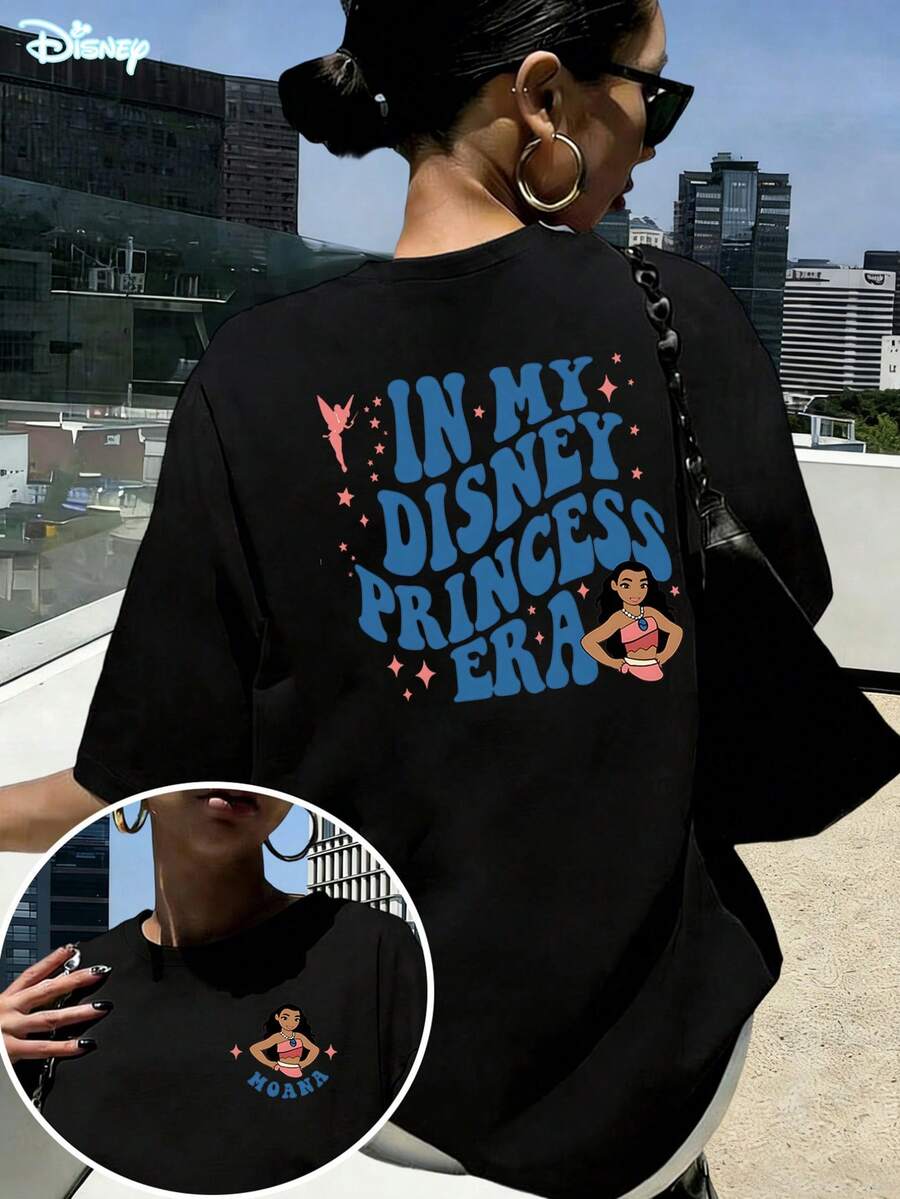 Loose Fit "IN MY DISNEY PRINCESS ERA" Moana Front And Back Printed T-Shirt, Suitable For Summer And Spring, Short Sleeved Top, Women's Clothing, Holiday Gift Party Clothing. - 黑色 - 查看 1