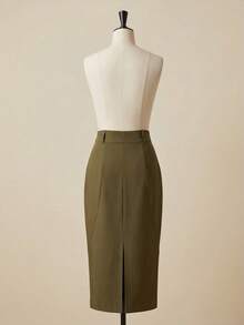 Elegant Formal Ensemble Consisting Of A V-Neck Vest With Tie Detail And A Midi Skirt With A Slit | Sophisticated Cut | Marrant - 軍綠色 - 查看 8