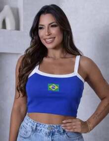 Women's Cropped Tank Top With Ribbed Straps, Embroidered Brazil Cup 2026 Vibe Design, Contrasting Waist, Open Back / Backless Embroidery, Beachwear - 藍色 - 查看 2