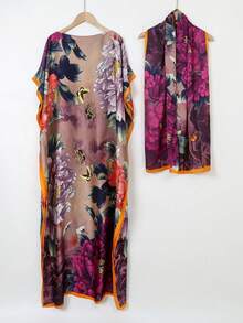1pc Women's Faux Silk Robe With Matching Faux Silk Scarf Set - Multicolor - View 6