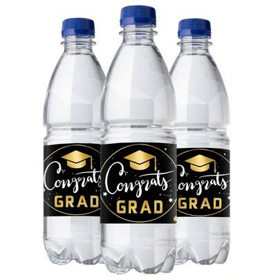 20pcs/10sheets Graduation Bottle Stickers, Featuring Black Golden And "Congrats GRAD" Design, Suitable For Graduation Gifts, Essential Celebration Party Supplies, Reunion Activity, School Graduation Decorations