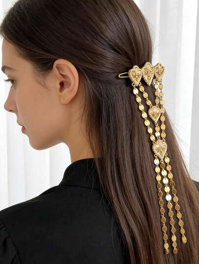 1pc Retro Geometric Heart Tassel Headchain, Suitable For Women's Party, Gathering, Stage Performance