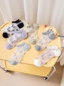 6 Pairs Women's Thin Crystal Silk Socks, Korean Fashion Starfish Beach Vacation Style Boat Socks, Summer - Multicolor - View 2