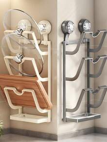 Suction Cup Pot Lid Rack, Wallmount Kitchen Storage Shelf, Multifunctional Cutting Board Holder With Strong Suction Cup - Multicolor - View 1