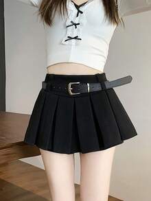 高腰百褶迷你裙，显瘦防走光A字裙，女士秋冬春季款 - 黑色 - 查看 6
